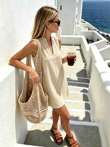 SHEIN PariChic 女款時尚百搭簡約優雅立領無袖洋裝，適合春夏通勤穿著 - 杏色 - 查看 5