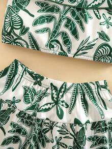 SHEIN Playful Pals 夏季女孩百搭時尚度假風花卉印花荷葉邊上衣 & A字裙 2件套 - 綠色 - 查看 12