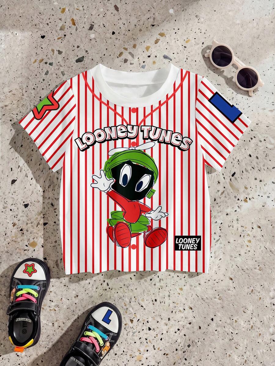 LOONEY TUNES X SHEIN GraphicGems 1件男嬰休閒可愛卡通 Marvin The Martian 印花條紋花卉圖案圓領短袖T恤,夏季,新SS26時尚 - 彩色 - 查看 1