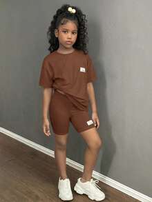 SHEIN Tween少女休閒時尚街頭風寬鬆T恤與緊身單車短褲兩件套 - 棕色 - 查看 3