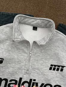 Attitoon Casual Minimalist Vacation Style Women's Loose Half-Zip High Neck Fleece Sweatshirt Suitable For Autumn/Winter And Spring/Summer Beach Outfits - Grey - View 4