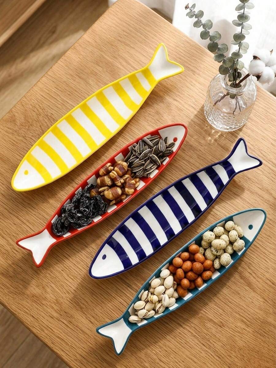 Cirelle 1PC Fish Shaped Ceramic Plates, Striped Porcelain Serving Dish, Cute Animal Snack Tray For Nuts, Candies, Dried Fruits, Mediterranean Style Appetizer Platters - Multicolor - View 1