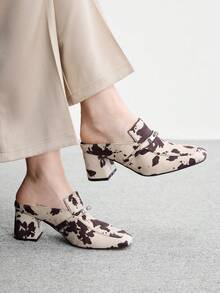 CUCCOO BIZCHIC 鈕扣牛紋女款高跟粗跟穆勒鞋通勤風 - 奶牛 - 查看 4