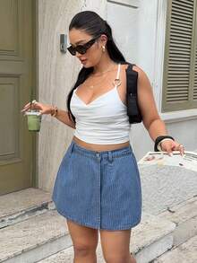 Rivivi Rok Pendek Wanita Ukuran Plus Festival Musim Panas Bergaris Biru Tidak Melar Pas Badan - Light Wash - View 6