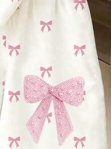 Girls Fresh Fashion Crisp White Base Pink Textured Bow Pattern Print Basic Short T-Shirt And Shorts Set - Multicolor - View 7