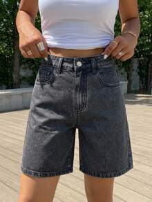DAZY Women's Casual Versatile Daily Denim Shorts With Pocket And Button Summer - Black - View 4