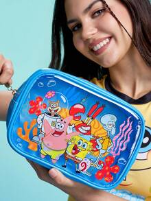 SpongeBob SquarePants | SHEIN 1個大容量卡通圖案印花透明視窗化妝包，適合存放化妝品、文具、日常用品、數位產品，完美適用於通勤、上學、旅行，適合男士、女士、學生，海底世界、蟹老闆、章魚哥 - 藍色 - 查看 1