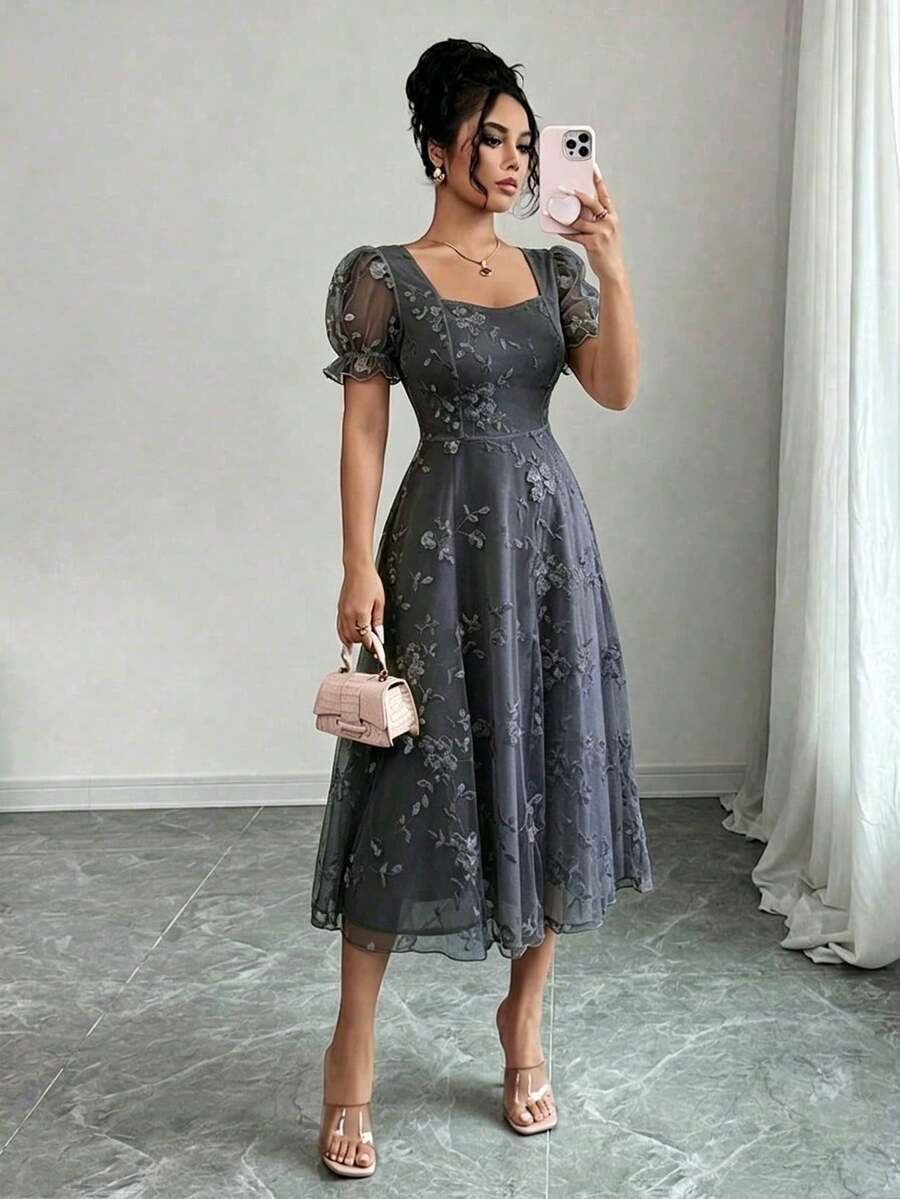 Rafferiza 女款夏季優雅素色花卉刺繡洋裝