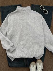 Attitoon Casual Minimalist Vacation Style Women's Loose Half-Zip High Neck Fleece Sweatshirt Suitable For Autumn/Winter And Spring/Summer Beach Outfits - Grey - View 2
