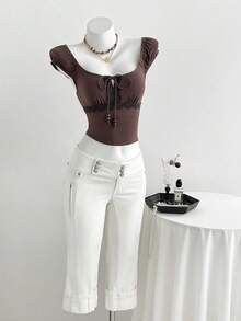 Flirla Plus Size Women's Summer White Elastic Sexy Skinny 3/4 Jeans - White - View 6