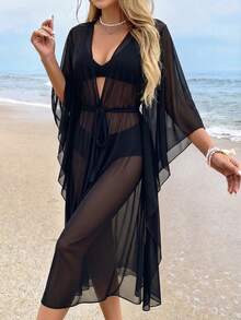 Swim Vcay Kimono Cover Up With Removable Waist Belt - Black - View 4