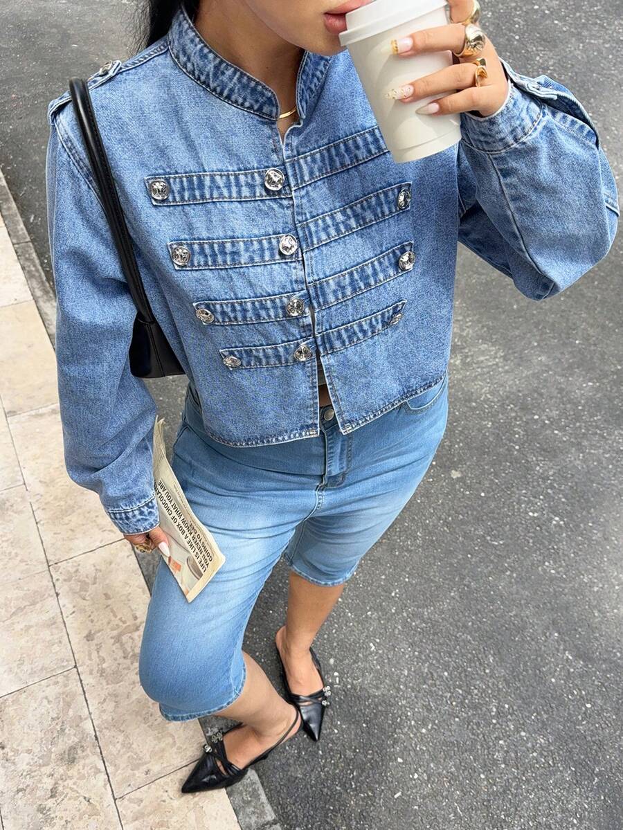 Rivivi Plus Size Women's Fashion Casual Button Design Denim Jacket - Medium Wash - View 1