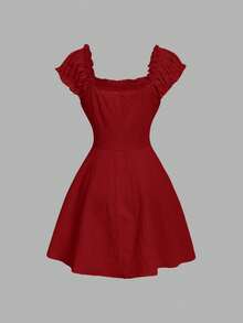 Skyraze Embroidered Shell Sleeve Square Neck Fashion Mini Dress - Red - View 5