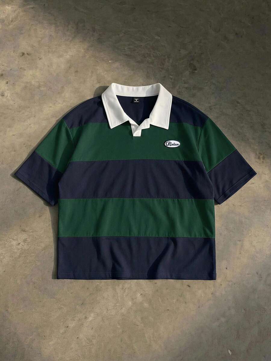 SWAVVY Men's Summer Casual Loose Fit Green Patchwork Embroidered Short Sleeve Polo Shirt - Green - View 1