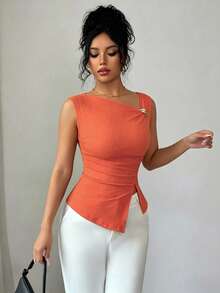 SHEIN Elenzya 夏季時尚金屬裝飾不對稱背心 - 橘色 - 查看 4