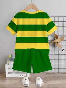 Young Boy Casual Minimalist T-Shirt Set, Classic Sports Style Striped Pattern Print, Brazil Color Striped Pattern Print, Brazil Flag Pattern Print, Brazil Text Pattern Print, Sports Football Brazil Pattern Print, Suitable For Spring/Summer, Suitable For Sports - Multicolor - View 6