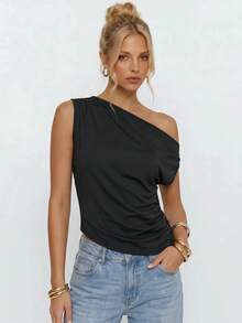 Avantive Women's Solid Color Asymmetric Shoulder Ruched Casual Versatile Daily Wear Top - Black - View 2