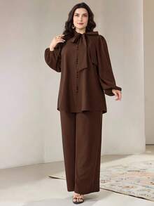 Veilorie Damen Große Größen Urlaubs Schleife Bindung Top und lockere lässige lange Hose 2 Stücke Set - Kaffeebraun - Übersicht 4