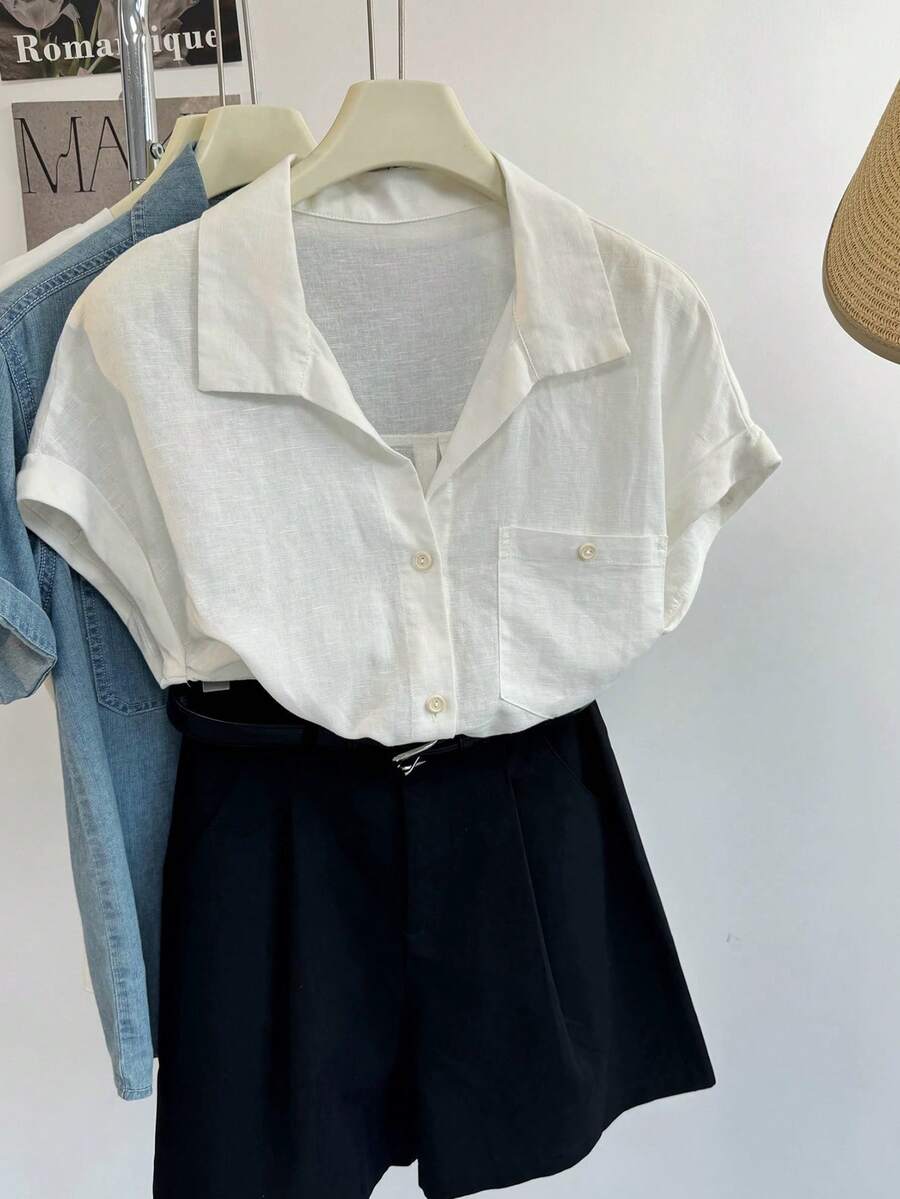 Resyla Top de manga corta raglán con cuello vuelto y ajuste entallado tejido - Blanco - Ver 1