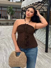 Firerie Top sexy de talla grande con espalda descubierta y cuello halter para vacaciones - Café integral - Ver 1
