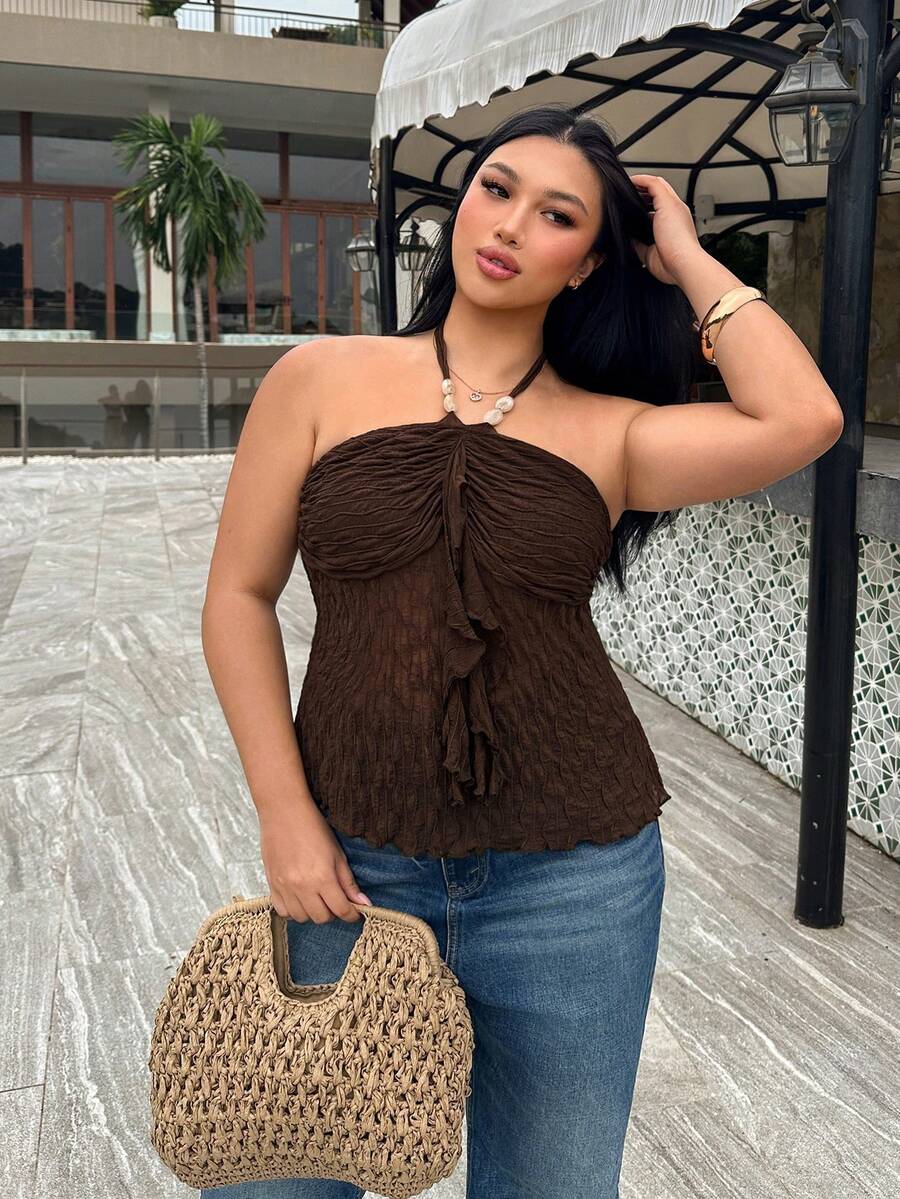 Firerie Top sexy de talla grande con espalda descubierta y cuello halter para vacaciones - Café integral - Ver 1