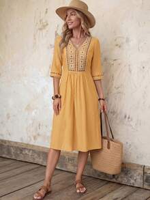 EMERY ROSE Women's V-Neck Raglan Sleeve Vintage Pleated Mid-Length Dress, Summer - Yellow - View 3
