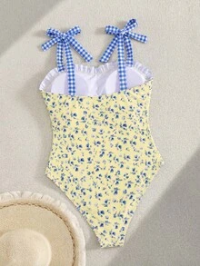 Swim Mod 藍白條紋 2025 春夏可愛極簡風荷葉邊蕾絲綁帶大尺碼女款連身泳衣 休閒田園清新度假海灘風 - 淡黃色 - 查看 8