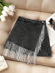 SHEIN MOD Women's Button & Tassel Design Casual Versatile Daily Denim Mini Skirt - Black - View 6