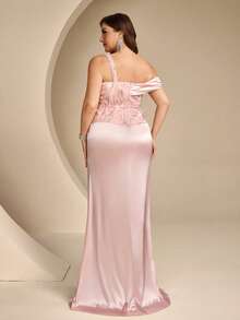 Coutiva Vestido de Noche Formal de Talla Grande con Bordado, Lentejuelas, Patchwork y Satén (Estilo de Mano de Obra Pesada) - Rosa - Ver 2