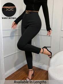 SHEIN PETITE CURVE 大码女式高腰金属扣修身长裤，优雅长款，适合春夏穿着，可用于派对、婚礼、优雅场合、度假、情人节、正式场合、复古风、办公室、工作场合。 - 黑色 - 查看 5