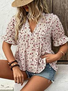 SHEIN Clasi CURVE Plus Size Women's Floral V-Neck Ruffle Blouse, Textured Crinkled Waist-Cinching A-Line Babydoll Short Sleeve Shirt, Spring/Summer - Multicolor - View 4