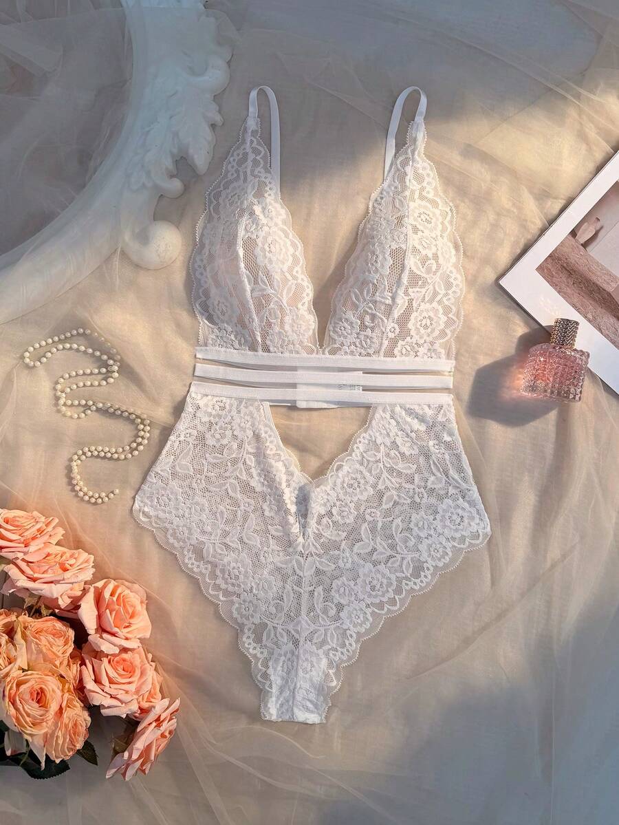 Crystal Vow 1pc Front And Back Hollow Lace Patchwork Webbing Sexy Jumpsuit - White - View 1