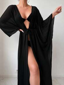Swim Vcay Kimono Cover Up With Removable Waist Belt - Black - View 1