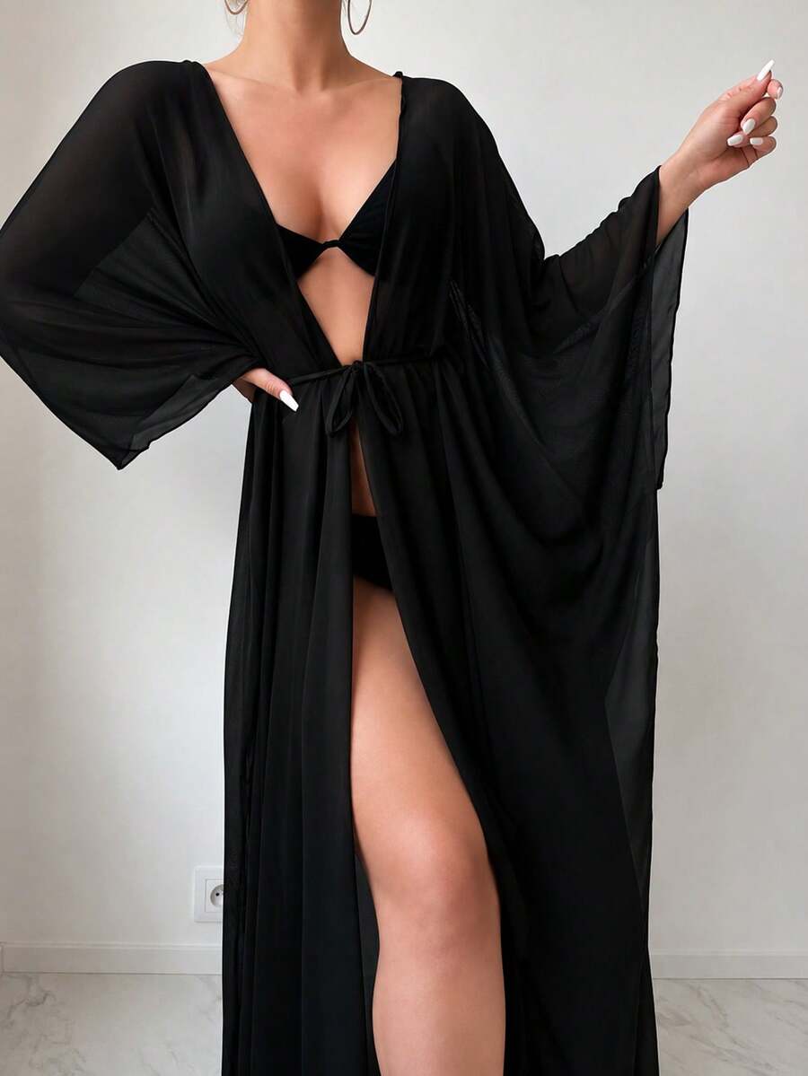 Swim Vcay Kimono Cover Up With Removable Waist Belt - Black - View 1