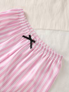 Girls Pink & White Striped Minimalist Print Faux Silk Camisole Top And Shorts Comfortable 2 Pieces Loungewear Set - Pink - View 6