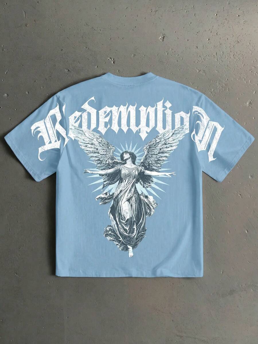 Manfinity Roghcode Men's Letter Angel Print Crew Neck Short Sleeve Casual T-Shirt - Baby Blue - View 1