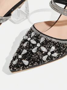 CUCCOO TILAWA Sepatu hak tinggi wanita berwarna hitam dengan hiasan kristal dan rhinestones yang modis dan elegan, cocok untuk perjamuan, pesta, dan acara lainnya. - hitam legam - View 5
