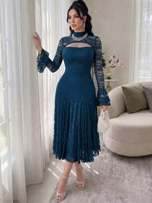 Feyla New Design Lace Hollow Out Waist A-Line Dress, Slimming, Romantic, Elegant, Suitable For Vacation & Party - Lake Blue - View 3
