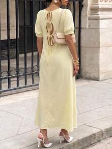 Elenzga Women's Spring/Summer Elegant Casual Commute Cream Yellow Textured Puff Sleeve Round Neck Loose Fit Flattering Back Pearl Ring Tie Hollow Design Long Dress - Yellow - View 2