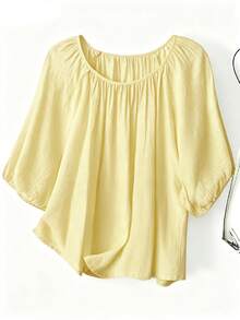 EMERY ROSE Plus Size Women's Solid Color Pleated Casual Versatile Daily Wear Blouse - Pale Yellow - View 1