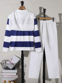 Boys Navy Striped Polo & White Straight Pants With Knit Shawl For Commute, Trips, Gathering, Dining & Back To School - Navy Blue - View 3