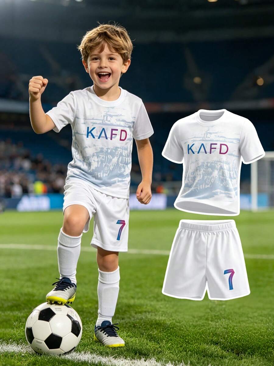 Young Boy Set, Sports Casual Set, Soft And Comfortable, Number 7 Top And Pants, Boys' Football Uniform, Football Uniform Set - White - View 1