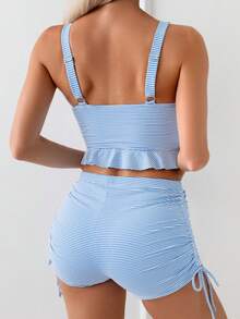 Swim Lushoire 女士夏季浅蓝色纹理面料吊带荷叶边腰部褶皱侧抽绳吊带背心和短裤比基尼套装 - 淺藍色 - 查看 2