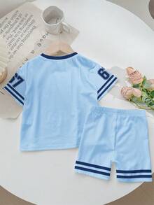 Kleine Mädchen Kleine Mädchen Lässiges minimalistisches Kurzarm-Set mit engen Radlerhosen, 2-teilig, geeignet für den Sommer, klassischer Sportstil, Nummer 6, 7 Grafikdruck - Verschiedenfarbig - Übersicht 4