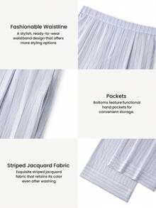 LUVLETTE Women's Blue Striped Linen Sleep Pants, Casual Wide Leg Pants With Pockets. - Blue - View 4