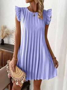 EMERY ROSE Women's Solid Color Round Neck Pleated Casual Daily Wear Dress - Mauve Purple - View 6