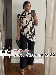 SHEIN CURVE+ 2-Piece Set Of Plus Size Women's Stand Up Collar Asymmetrical Hem Top And Wide Leg Pants - Black - View 1
