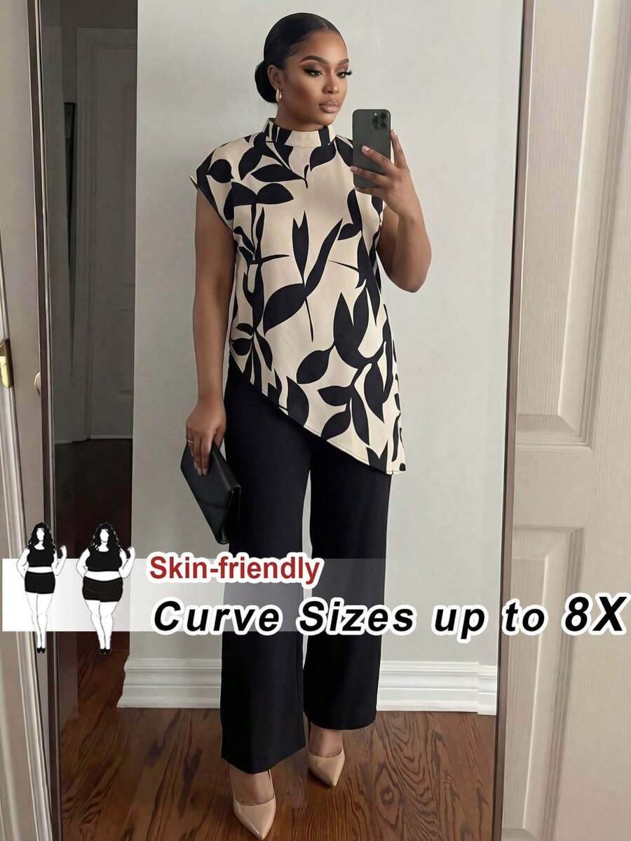 SHEIN CURVE+ 2-Piece Set Of Plus Size Women's Stand Up Collar Asymmetrical Hem Top And Wide Leg Pants - Black - View 1