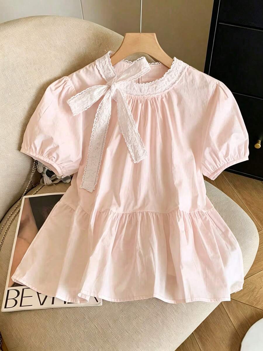 Resyla 女款優雅蕾絲蝴蝶結泡泡袖可愛襯衫 - 淺粉色 - 查看 1