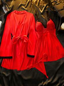 Seduluxe Conjunto de lencería de 4 piezas con camisola, bata y encaje clásico y sexy, en colores contrastantes y malla transparente, tallas grandes - Rojo - Ver 6